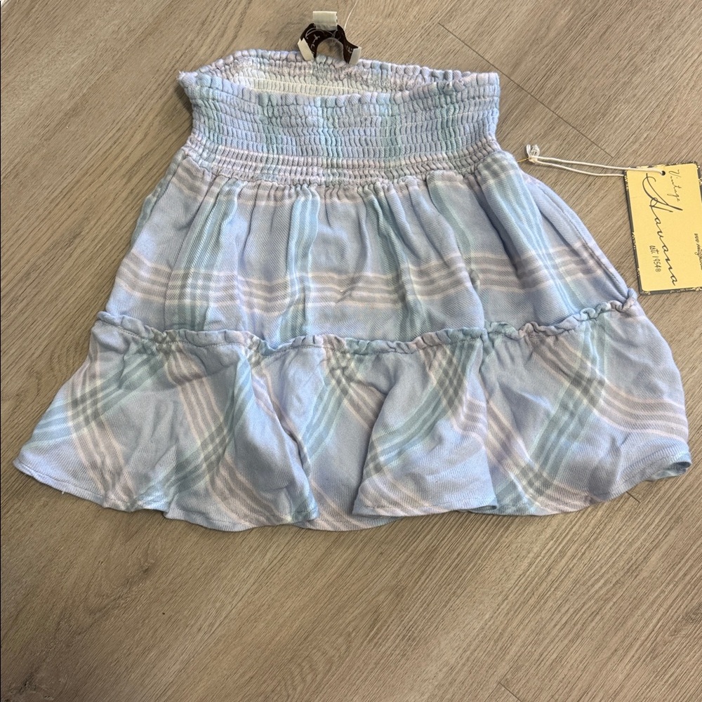 Vintage Havana Lt Blue, Pink Gray & White Plaid Smocked Skirt